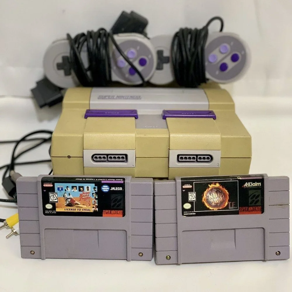 Nintendo SNES Console Controllers Cords 2 Sports Games For Parts Or Repair Only